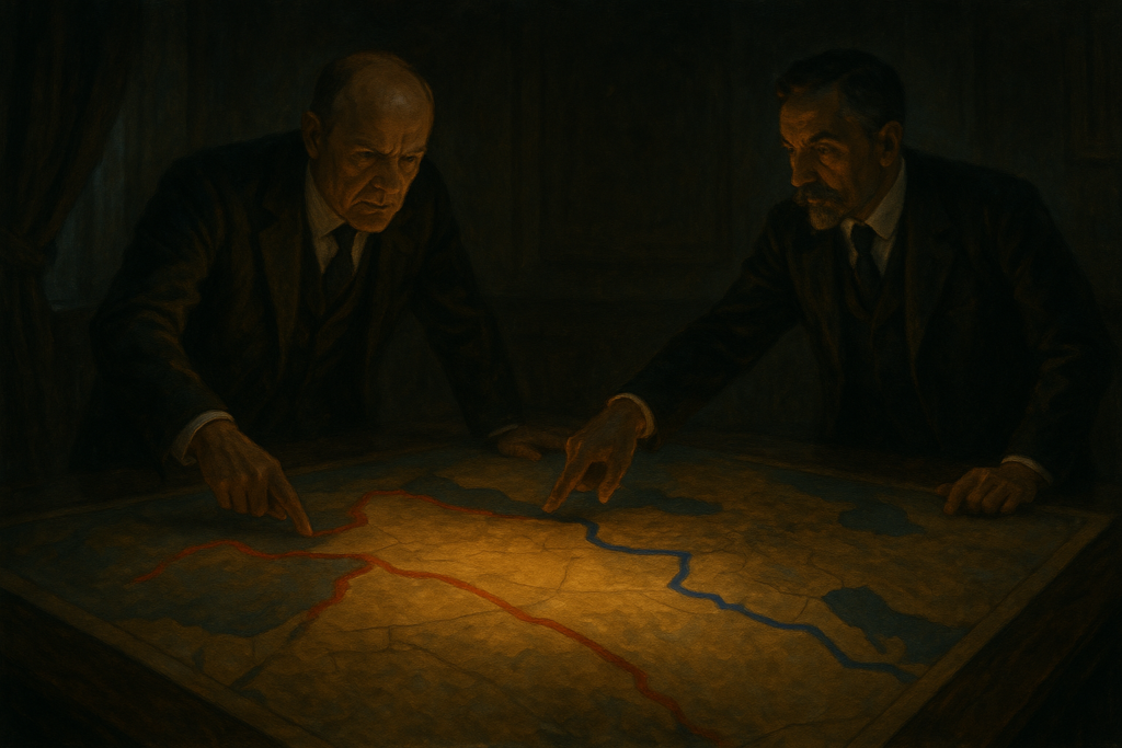 صورة فنية لطاقم دبلوماسي يقسم خريطة الشرق الأوسط في تجسيد لاتفاقية سايكس بيكو – مولدة بالذكاء الاصطناعي.