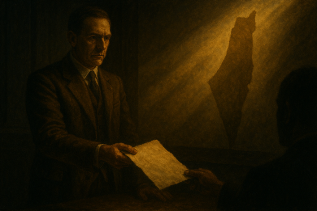 مشهد سينمائي لمسؤول بريطاني يحمل وثيقة ترمز لوعد بلفور – صورة مولدة بالذكاء الاصطناعي.