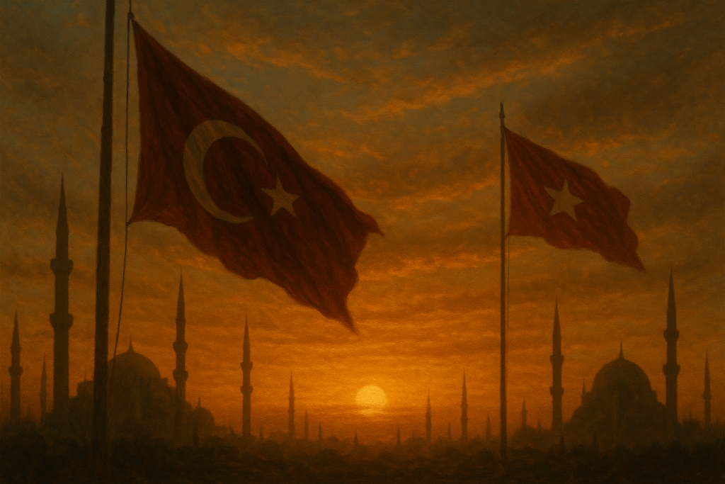 صورة تظهر إنزال راية الخلافة وارتفاع الراية القومية في مشهد رمزي – مولدة بالذكاء الاصطناعي.