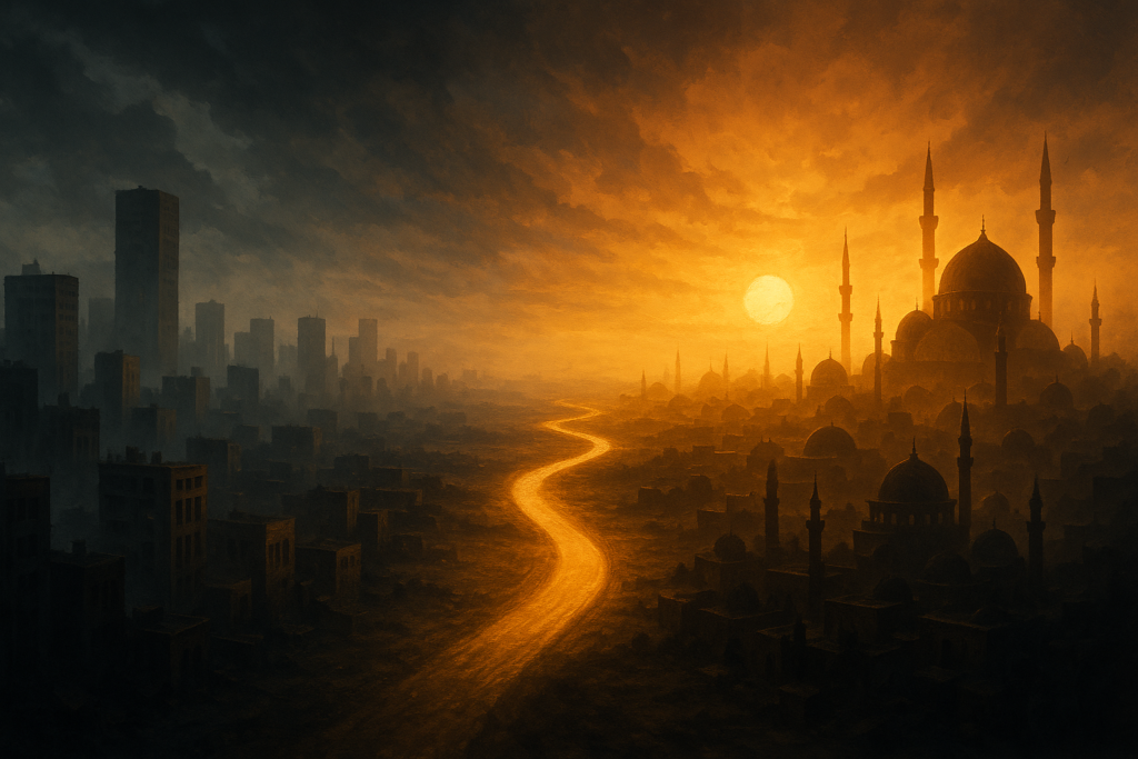 صورة فنية تجمع بين مدينة إسلامية مضيئة ومدينة علمانية باهتة في تعبير عن صراع الهوية – مولدة بالذكاء الاصطناعي.