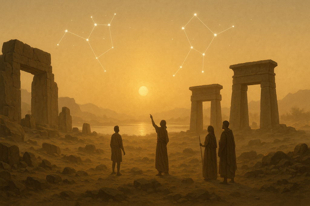 حضارات ما قبل الأسرات ومراقبة السماء حضارات ما قبل الأسرات على ضفاف النيل، أطلال حجرية بدائية مصطفّة مع شروق الشمس، وسكان قدماء يراقبون الأنماط الفلكية تحت ضباب صحراوي ناعم.