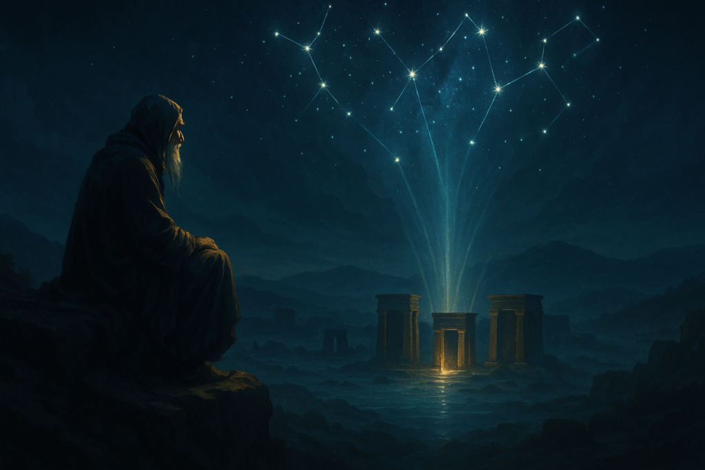 الحكيم ومعابد النجوم المتوهجة حكيم قديم يجلس على جرف مرتفع ليلاً متأملاً معابد مصطفّة مع النجوم، وأشعة ضوء سماوية تهبط نحو الهياكل.