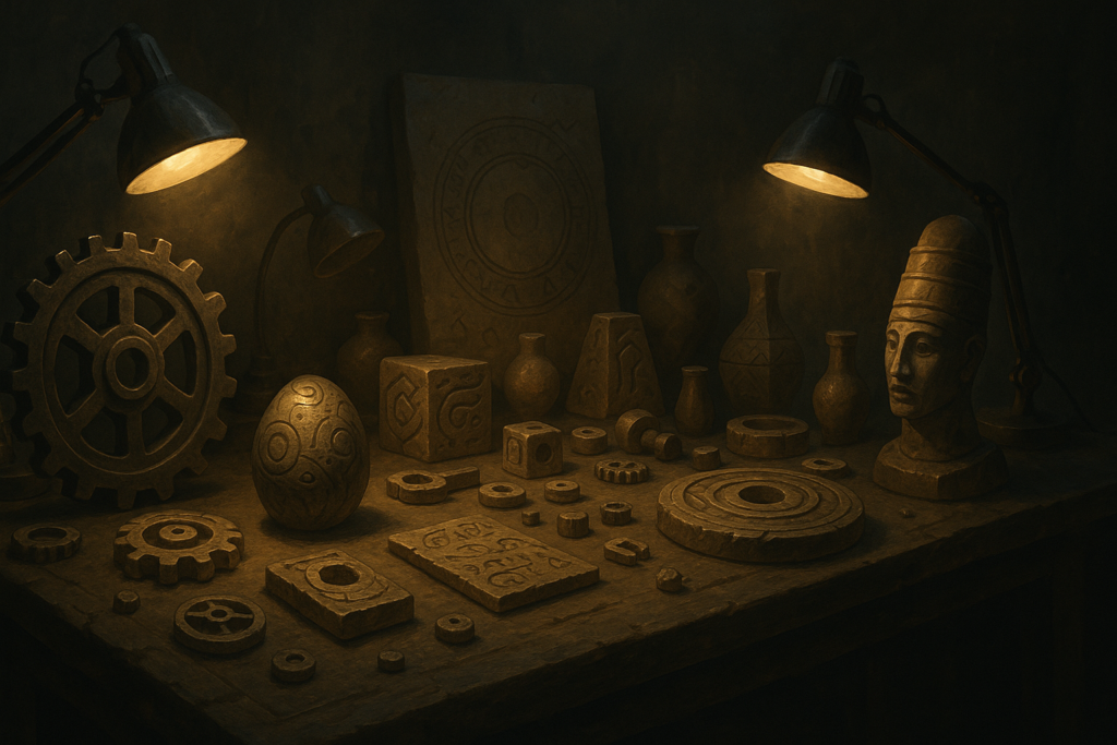 مختبر الغموض والقطع الأثرية غير المتوقعة مختبر أثري خافت الإضاءة يعرض قطعاً غريبة: تروس معدنية، منحوتات غير مألوفة، وأشكال حجرية لا تنتمي إلى زمنها.