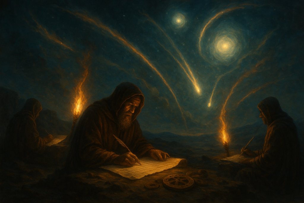 الكتّاب القدماء وظواهر السماء غير المفسّرة كتّاب قدماء ينسخون نصوصاً على الرقوق بينما تتوهج فوقهم كرات ضوئية ومسارات سماوية غريبة.