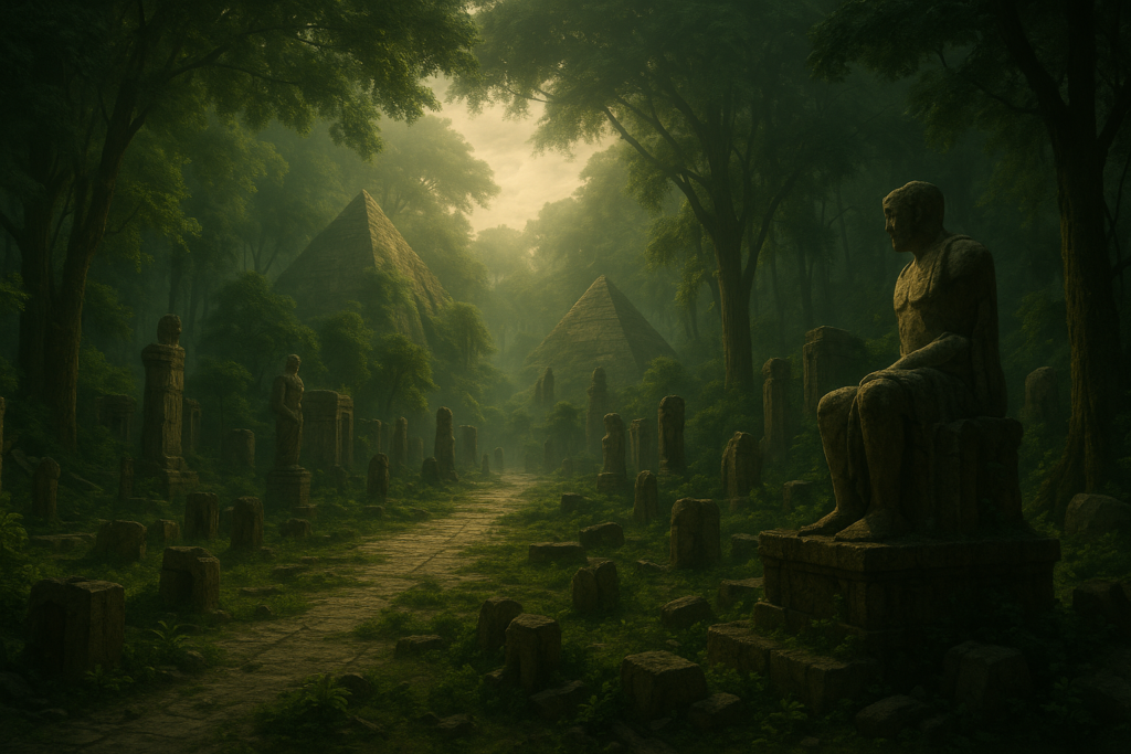 الأهرامات المفقودة في غابة الزمن أطلال مدينة قديمة مغطاة بالغابة، أهرامات باهتة وشوارع مهجورة تحت أشعة الشمس المخترقة للأشجار.