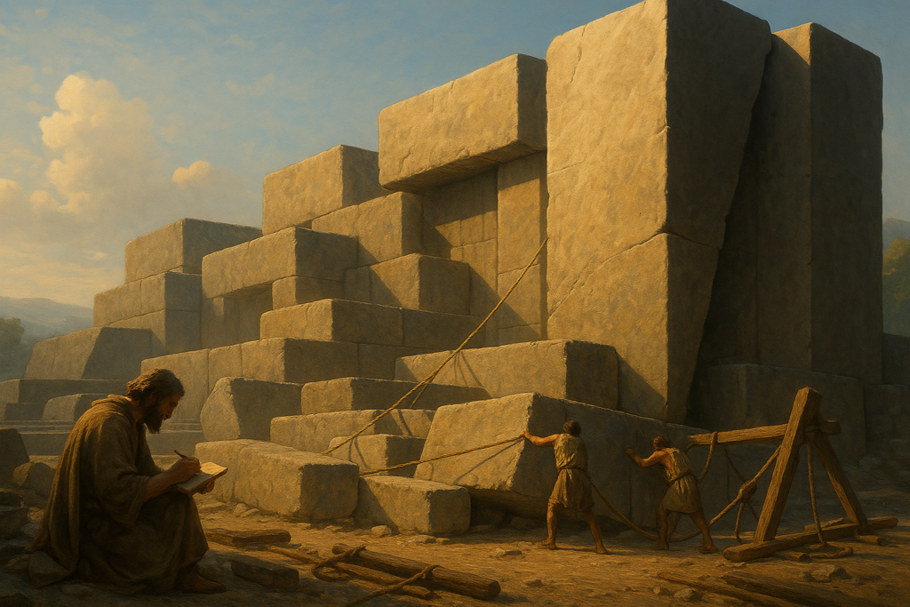 الهندسة المستحيلة للكتل الحجرية العملاقة عمال قدماء يستخدمون الحبال والأدوات الخشبية لوضع كتل حجرية عملاقة مصطفّة بدقة لا تناسب زمنهم.
