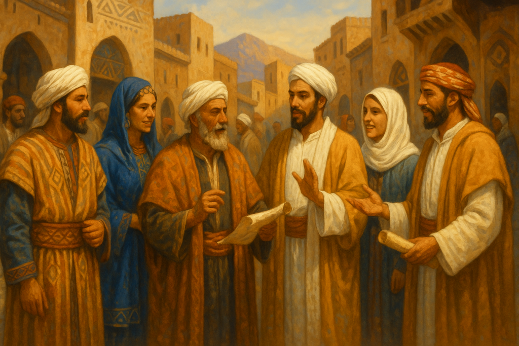 شخصيات أمازيغية وعربية بملابس تقليدية تمتزج تدريجياً داخل سوق تاريخي نابض بالحياة.