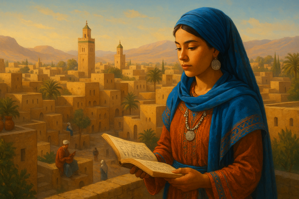 امرأة أمازيغية شابة بزيّ تقليدي تقف فوق سطح مدينة شمال إفريقية، وخلفها بيوت طينية ونخيل وجبال، في مشهد يعكس الحضور المعاصر للغة والتراث الأمازيغي.
