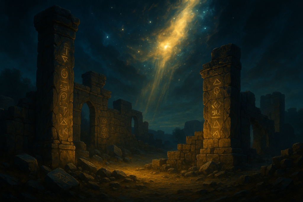 أطلال حضارات قديمة تحت ضوء كوني غامض أطلال حجرية قديمة تتوهّج بضوء كوني غامض تحمل نقوشًا لرموز غير معروفة.