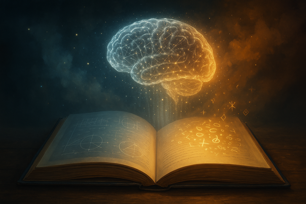 الدماغ المضيء فوق كتاب المعرفة دماغ مضيء مكوّن من جسيمات ضوئية يطفو فوق كتاب مفتوح يحوي رموزًا علمية وفلسفية.