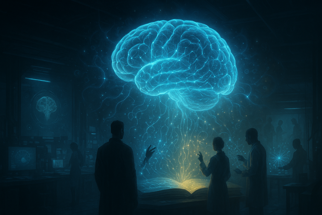 مختبر المستقبل وهولوجرام الدماغ مختبر مستقبلي مظلم يعرض دماغًا هولوجرافيًا كبيرًا يحيط به شبكات عصبية مضيئة.