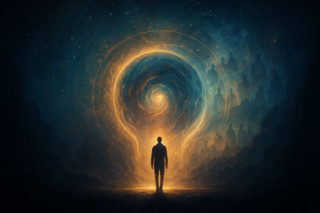 البوابة الكونية وطبقات الواقع المتعدد شخص يقف أمام بوابة ضوئية دوّامية محاطة بأنماط كونية وطبقات من واقع متداخل.