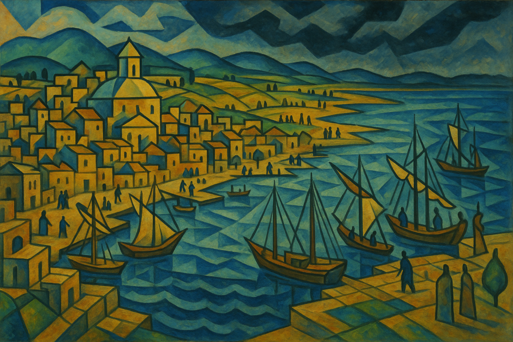 مدينة ساحلية قديمة مزدهرة بالموانئ والتجارة والزراعة قرب البحر