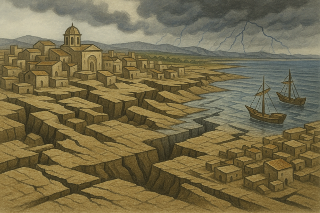 زلزال قوي يؤدي إلى هبوط أرض مدينة ساحلية وغرق مبانيها في التربة