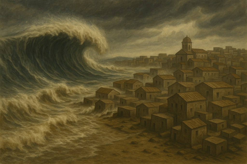 موجة تسونامي تجتاح مدينة ساحلية قديمة وتدفن شوارعها بالرمال والمياه