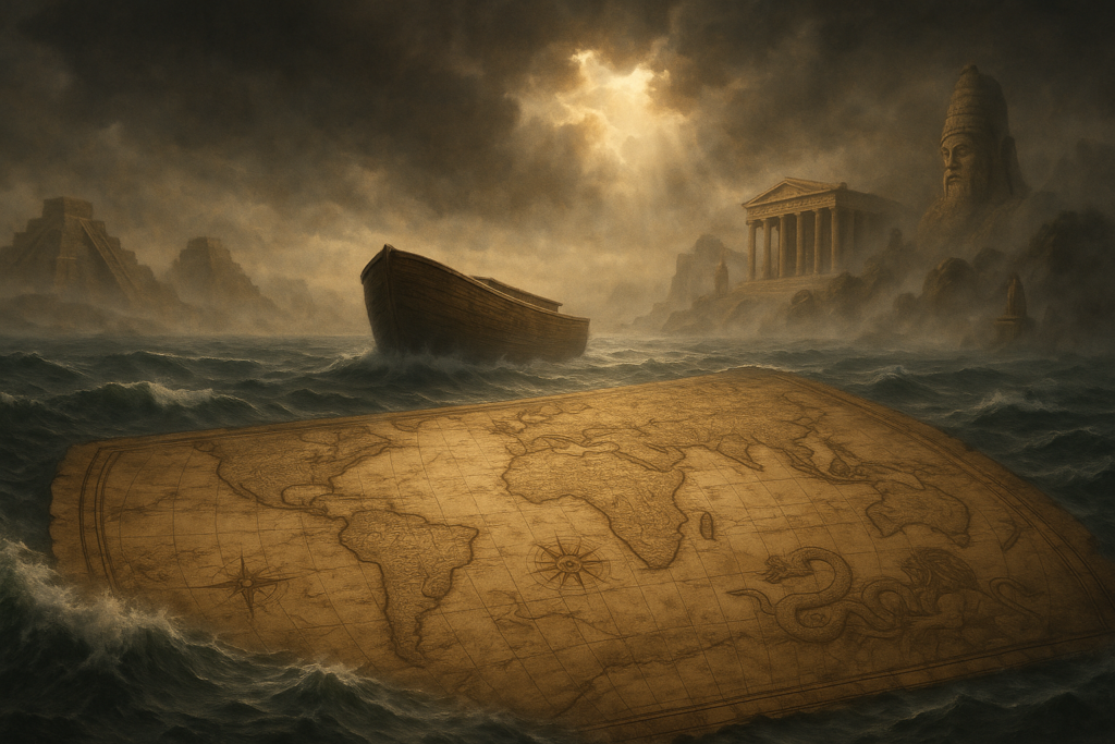 مشهد رمزي للطوفان العظيم كما ورد في حضارات وأديان مختلفة مع سفينة وآثار مدن غارقة