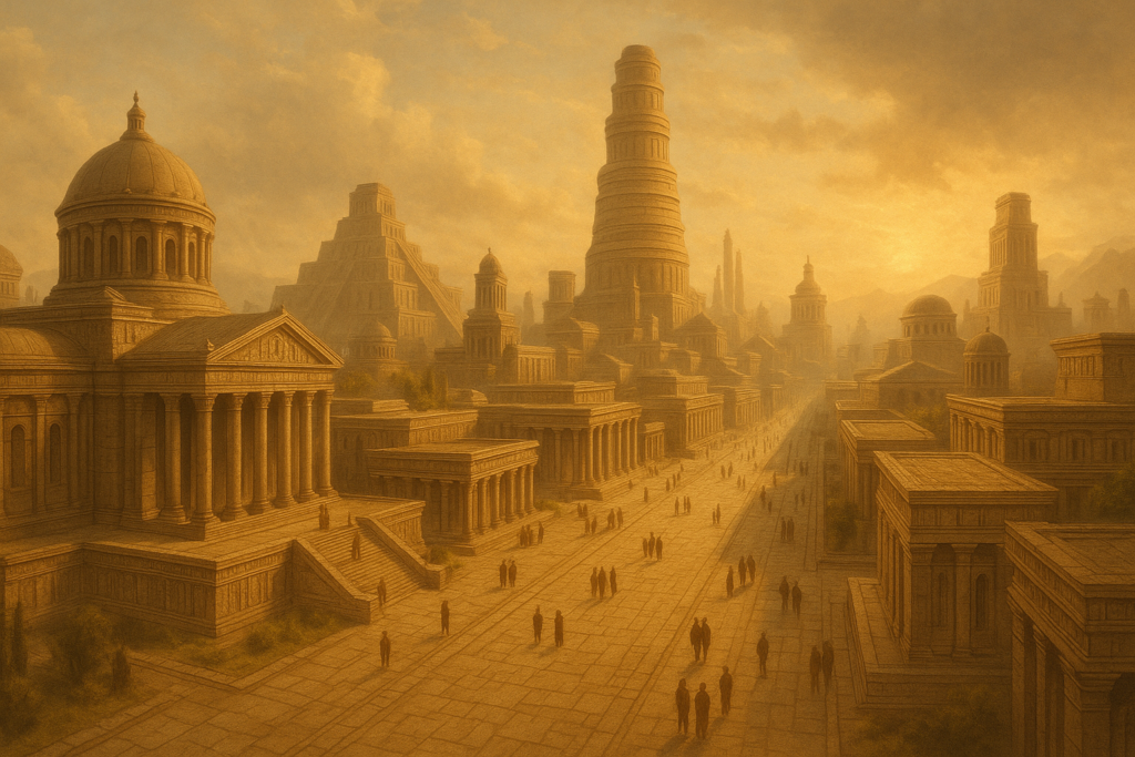 تصور تخيلي لحضارة متقدمة قبل الطوفان بعمارة ضخمة وتنظيم عمراني متطور