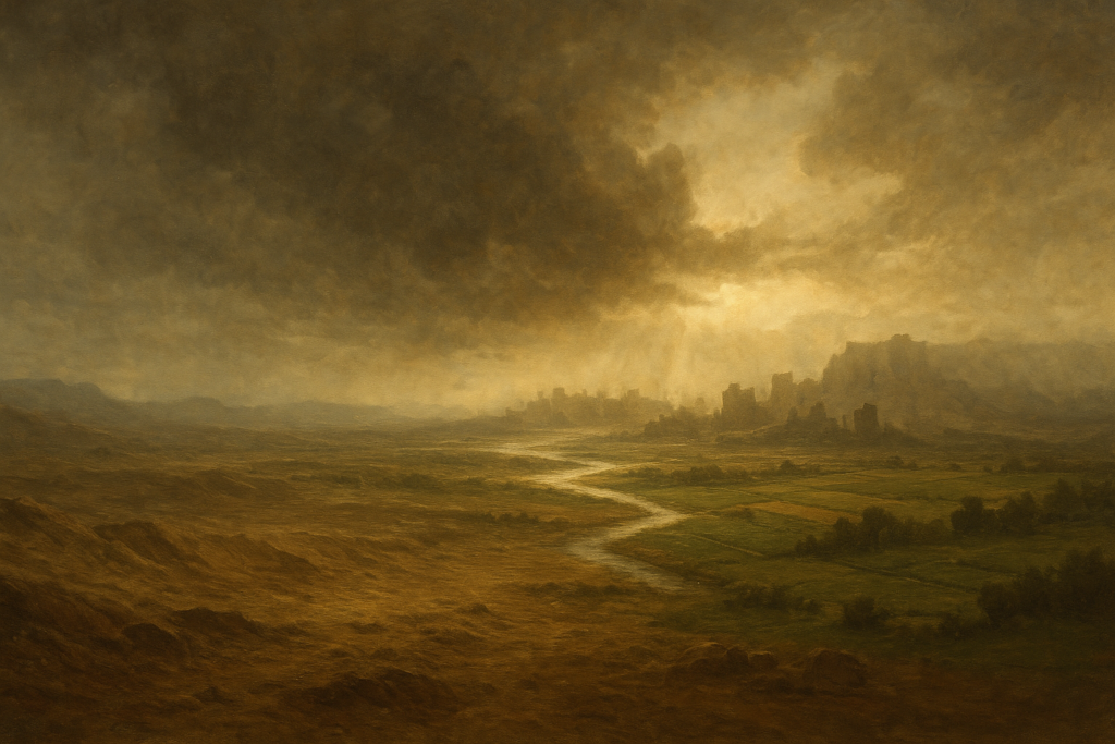 منظر تأملي لأطلال حضارات قديمة في ضوء رمزي يعبر عن العبرة والسنن الإلهية