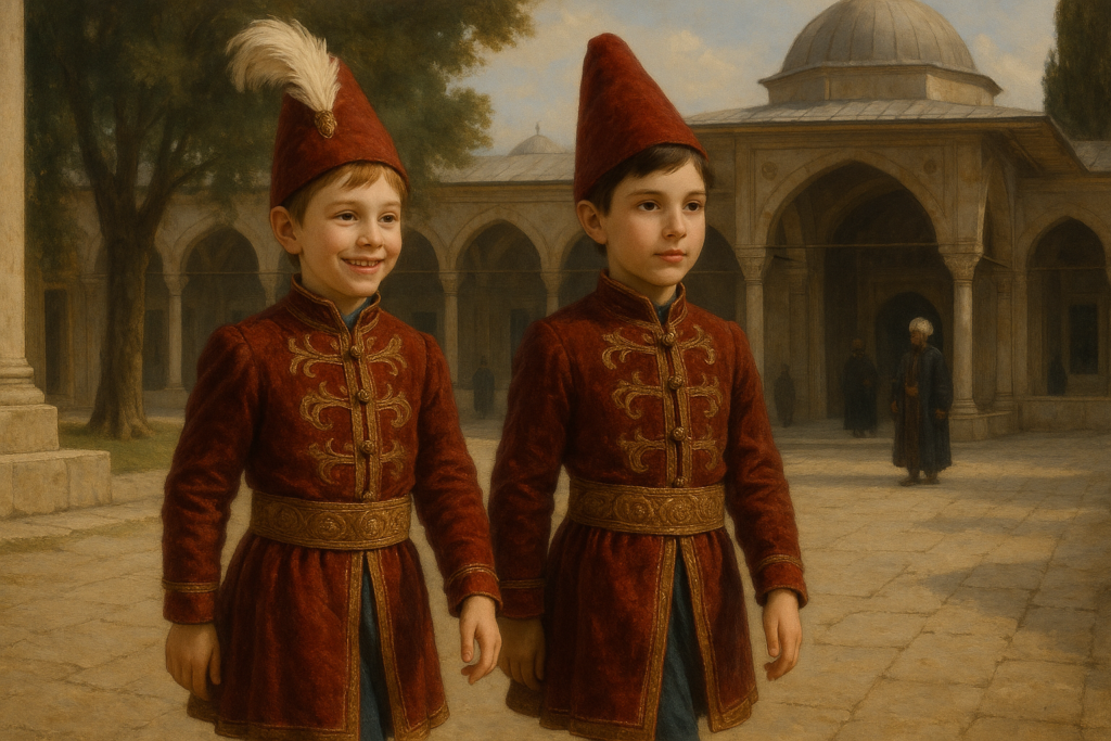 فلاد المخوزِق في طفولته يصل مع شقيقه إلى قصر السلطان العثماني بملابس مجرية تقليدية