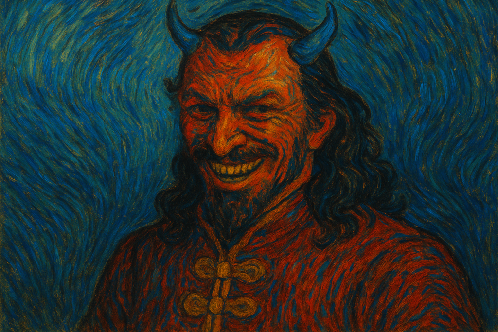 فلاد المخوزِق بين التاريخ والأسطورة مجسّد بأسلوب فنسنت فان غوخ بقرنين صغيرين كرمز شيطاني