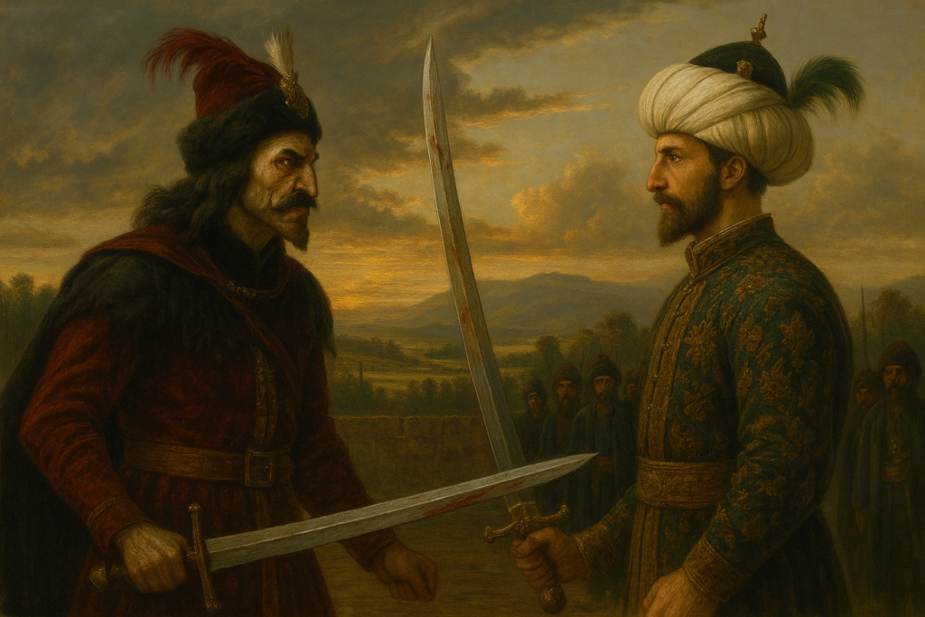 مواجهة تخيلية بعد أربعين سنة بين فلاد المخوزِق بملابس الأفلاق القاسية ورادو أخيه مرتدياً زي قائد عثماني، في مشهد درامي يجسد الصراع بين الدم والولاء، فلاد المخوزِق بين التاريخ والأسطورة.