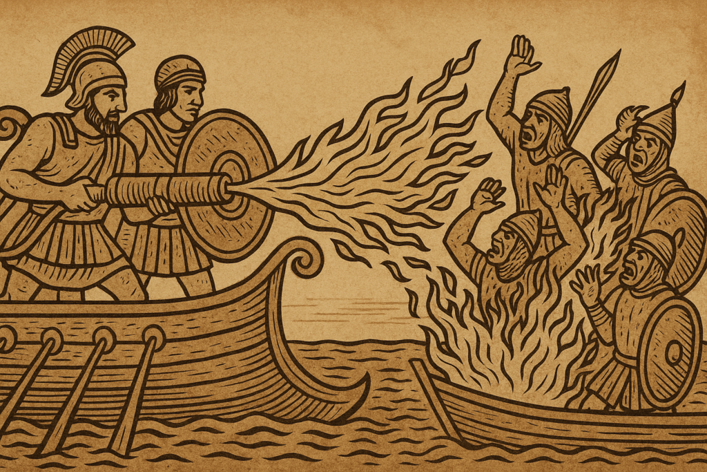 النار الإغريقية كسلاح متقدم في الحضارات اليونانية القديمة أسلحة وأساليب قتال مفقودة من حضارات قديمة تظهر استخدام الإغريق للنار الإغريقية في المعارك البحرية