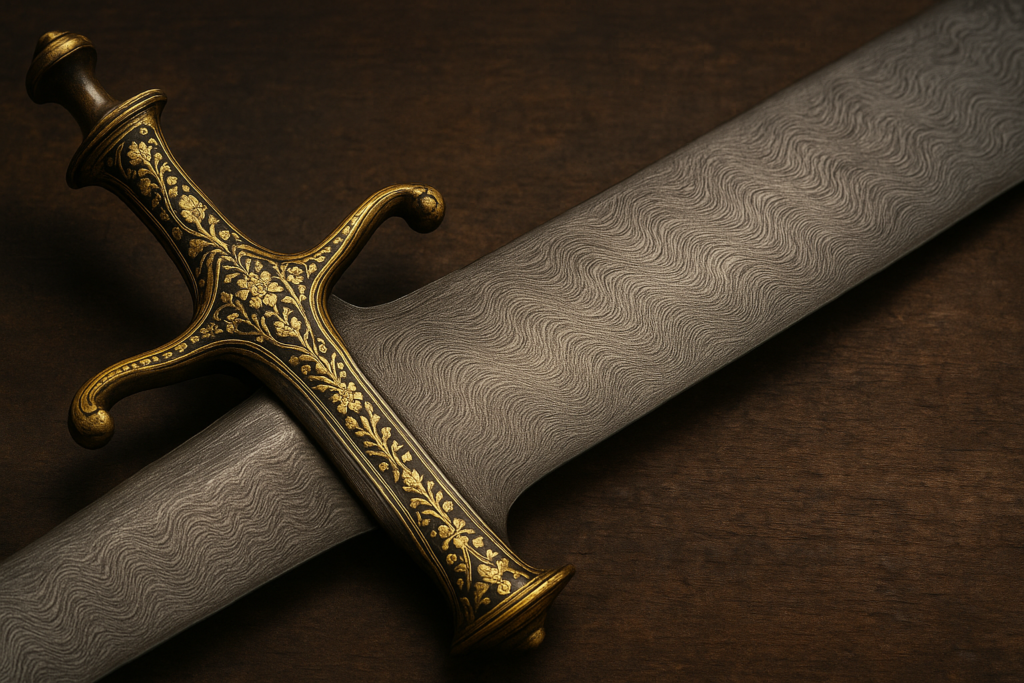 سيف هندي من فولاذ ووتز وتقنيات معدنية سبقت عصرها أسلحة وأساليب قتال مفقودة من حضارات قديمة تظهر سيفًا هنديًا مصنوعًا من فولاذ ووتز بنقوشه المتموجة