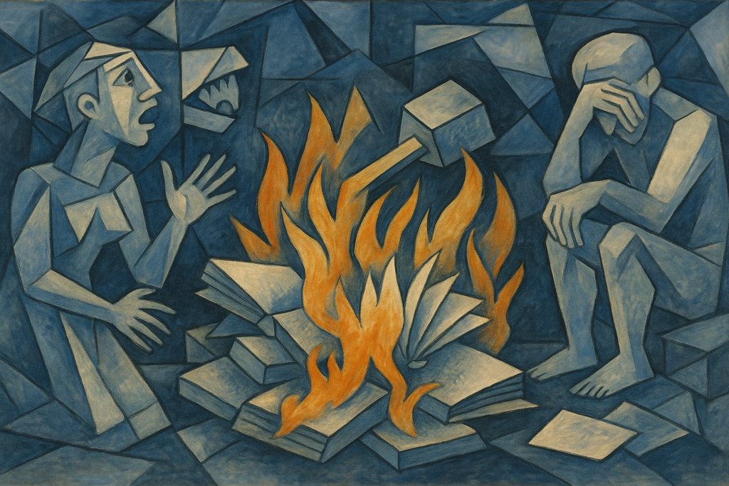 حرق الكتب وضياع المعرفة بعد سقوط حضارات سابقة لزمنها أسلحة وأساليب قتال مفقودة من حضارات قديمة ترمز إلى تدمير المعرفة بعد سقوط إمبراطوريات متقدمة