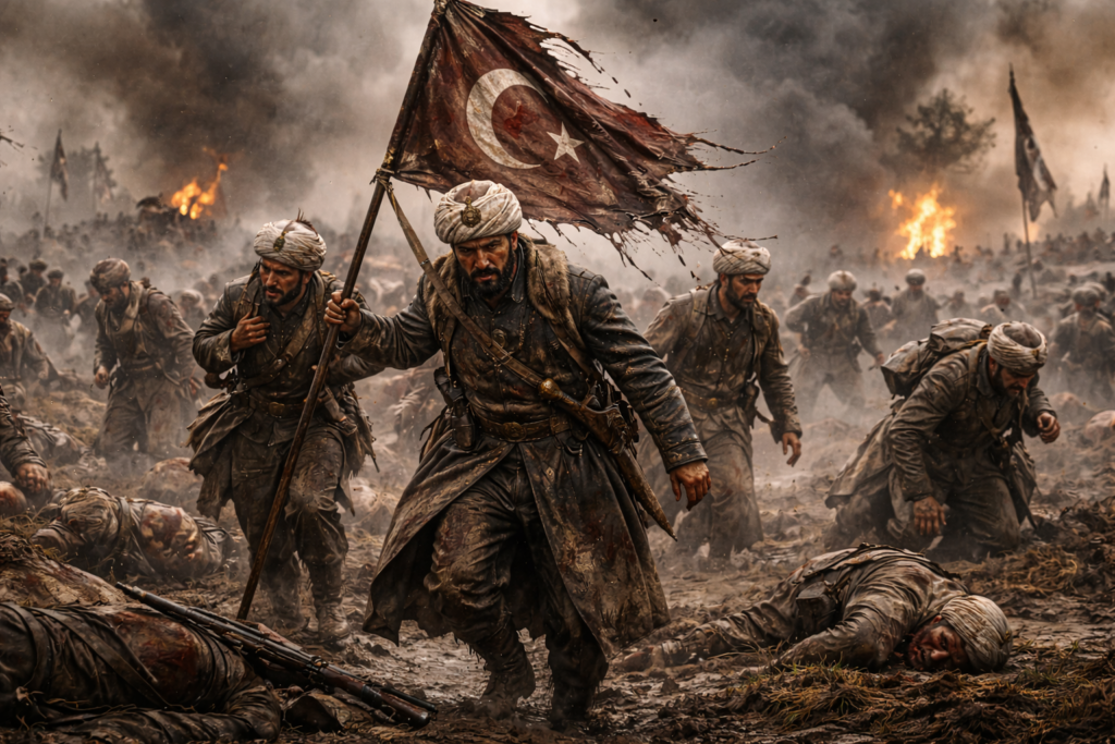 نهاية الجيش الإنكشاري وسقوط الإمبراطورية العثمانية في الحرب العالمية الأولى صورة عرضية تخيلية تُظهر تراجع الجيش العثماني في الحرب العالمية الأولى ضمن سياق انهيار الإمبراطورية العثمانية