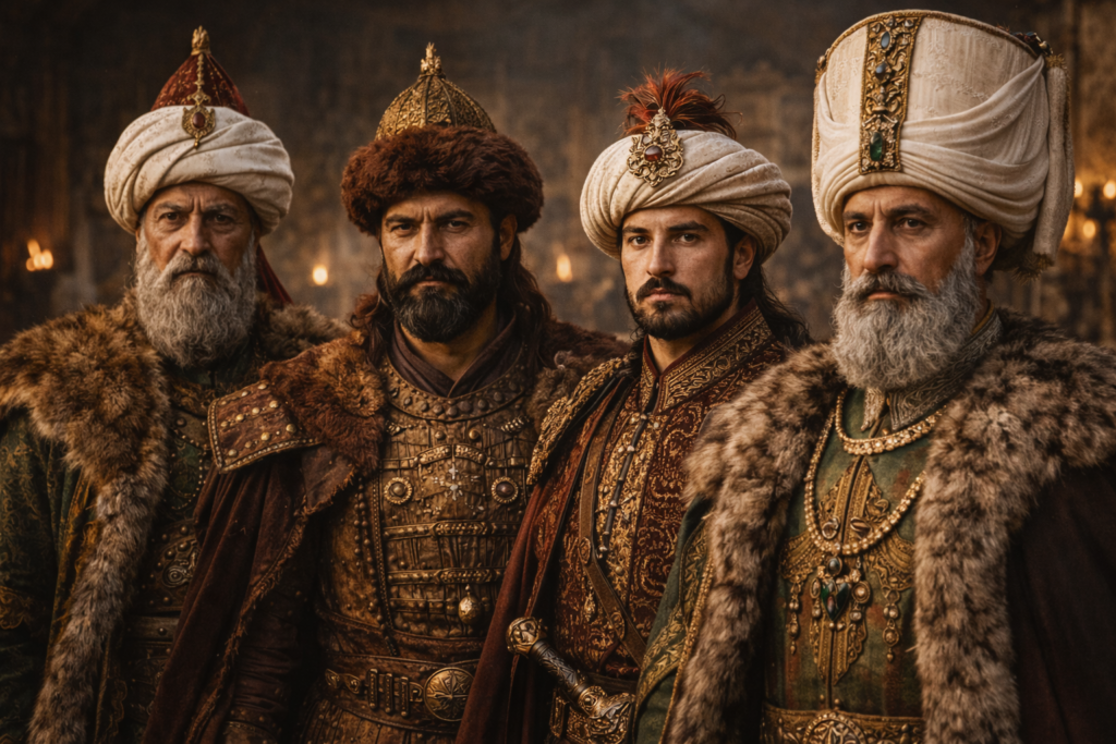 سلاطين مفصليون في تاريخ الإمبراطورية العثمانية صورة عرضية تخيلية تجمع مراد الأول وبايزيد الأول ومحمد الفاتح وسليمان القانوني دون سياق الإمبراطورية العثمانية