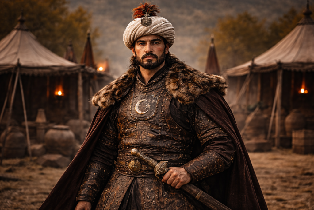 أورخان بن عثمان وبدايات التوسع العسكري للإمبراطورية العثمانية صورة عرضية تخيلية لأورخان بن عثمان شابًا يقف بهيبة في معسكر عسكري مرتبط بتاريخ الإمبراطورية العثمانية