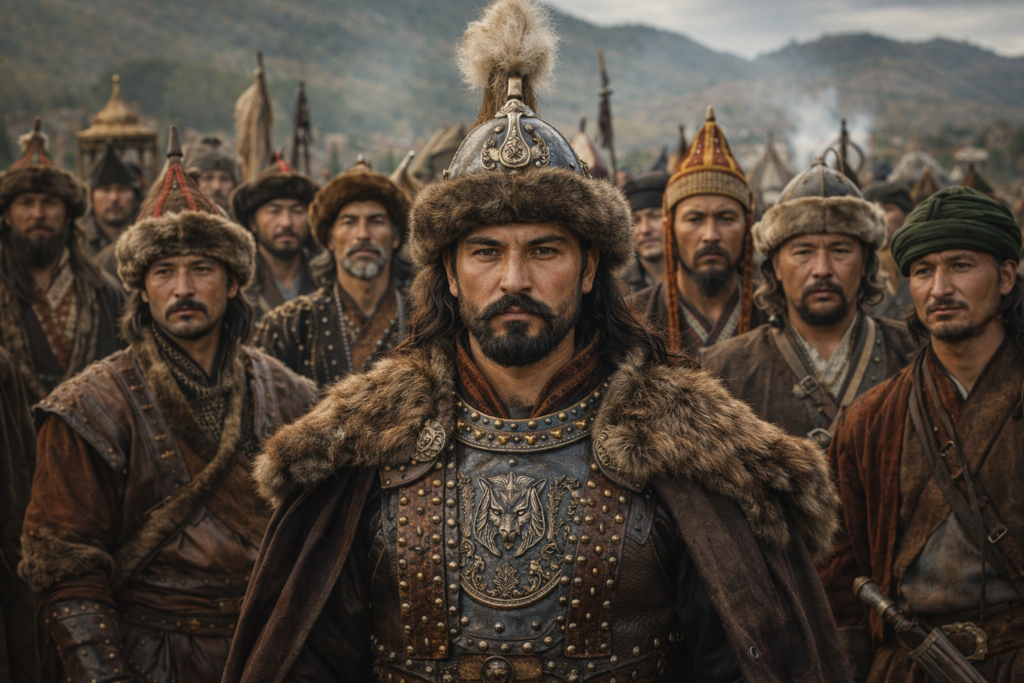 أوغوز خان وتشكّل القبائل التركية في بدايات الإمبراطورية العثمانية صورة تخيلية لأوغوز خان يقف أمام قبائل تركية مختلفة في اللباس والهيئة ضمن سياق تاريخي مرتبط بالإمبراطورية العثمانية