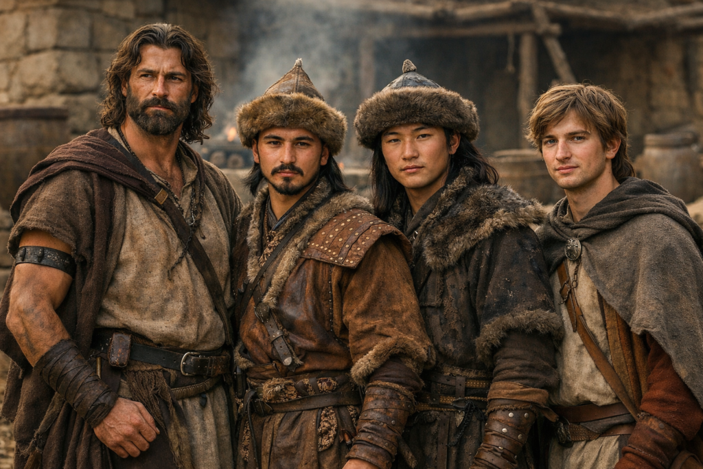 يافث بن نوح وأبناؤه في المرويات التاريخية القديمة المرتبطة بالإمبراطورية العثمانية صورة عرضية تخيلية ليافث بن نوح وبجانبه ثلاثة من أبنائه بملامح مختلفة ترمز إلى شعوب قديمة في سياق تاريخي مرتبط بالإمبراطورية العثمانية