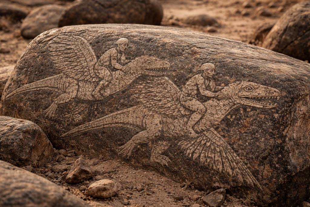 نقوش حجارة إيكا في البيرو تُظهر بشرًا يركبون مخلوقات مجنحة تشبه الديناصورات