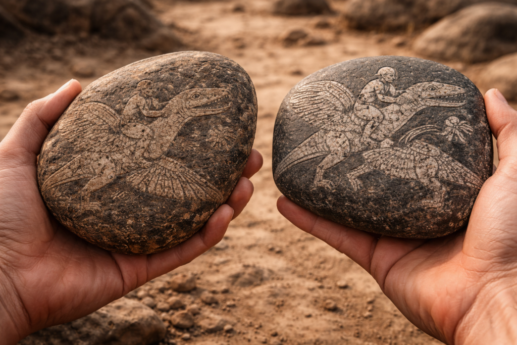 مقارنة بين حجرة إيكا أصلية وحجرة مزورة تُظهر اختلاف عمق النقوش والقدم الزمني