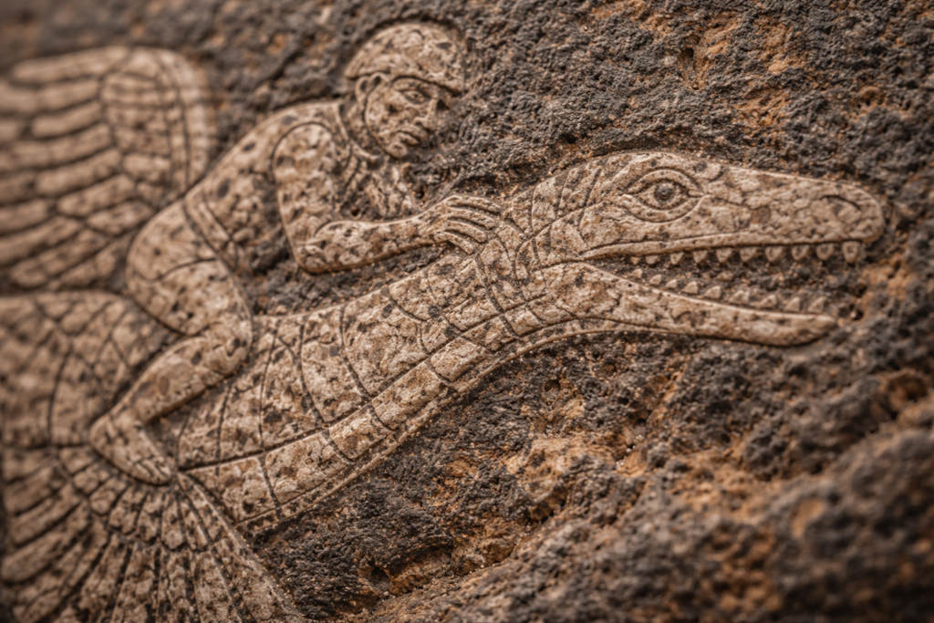 تكبير مجهري لنقش أصلي على حجارة إيكا في البيرو يظهر التآكل والباتينا القديمة