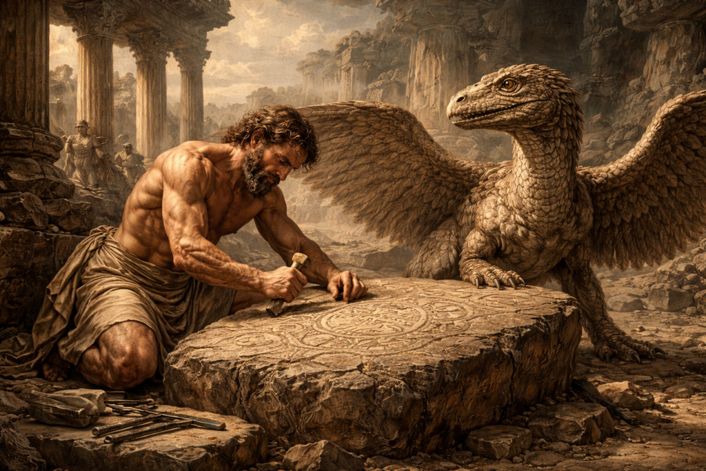 تصور فني لحضارة قديمة تنقش حجارة إيكا في البيرو وتعيش مع مخلوقات مجنحة