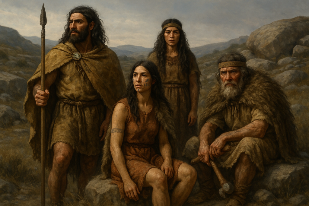 مجموعة من الأمازيغ في العصر الحجري يرتدون ملابس بدائية مصنوعة من الجلود ويقفون في بيئة جبلية قاحلة