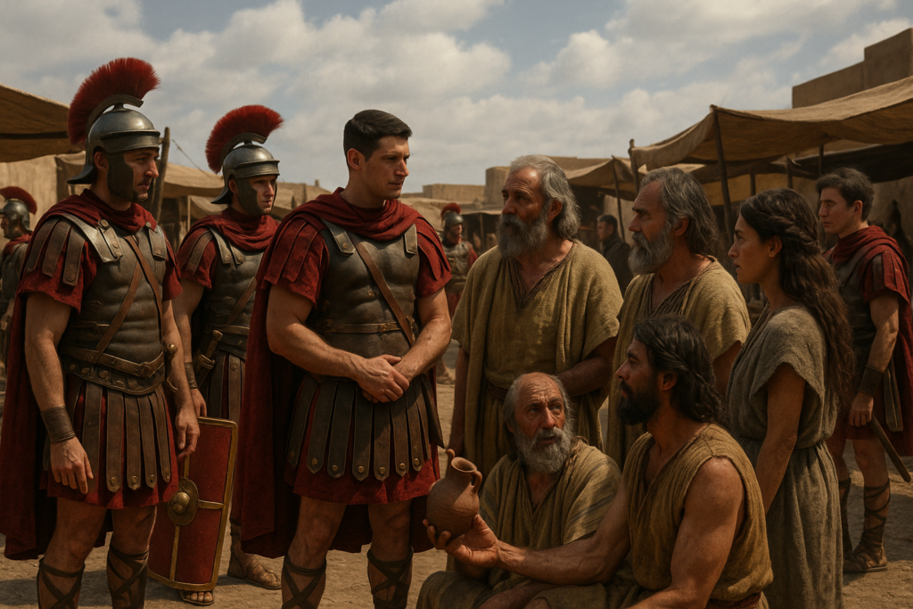 مشهد واقعي تخيلي لسوق قديم يظهر فيه جنود رومانيون متناثرون بين أمازيغ يرتدون ملابس متطورة عن العصر السابق داخل سوق روماني في شمال إفريقيا