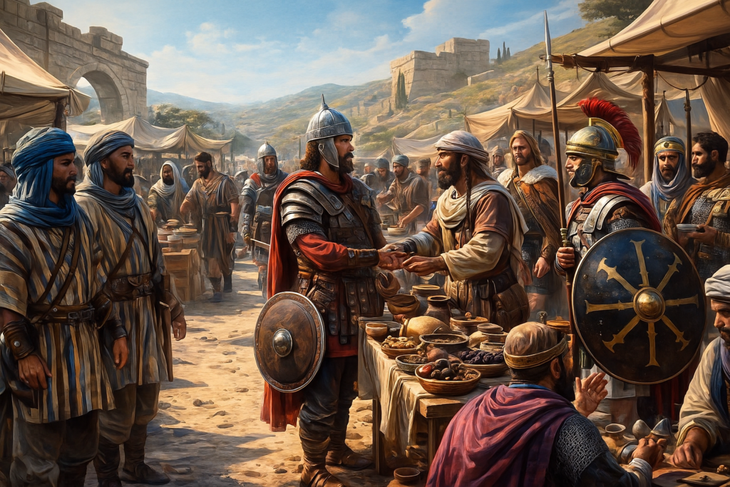 لوحة واقعية تخيلية تظهر أمازيغًا بملابسهم الخاصة في مرحلة متقدمة، إلى جانب محاربين ونداليين وجنود بيزنطيين داخل سوق قديم يعج بالبيع والتبادل التجاري