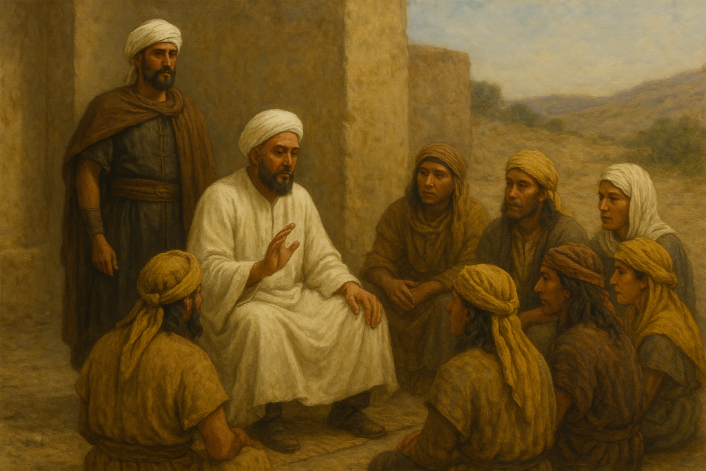 لوحة واقعية تخيلية لشيخ عربي جالس يشرح للأمازيغ في حلقة، وبجانبه محارب عربي واقف بملابس الفاتحين المسلمين خلال عصر الفتوحات