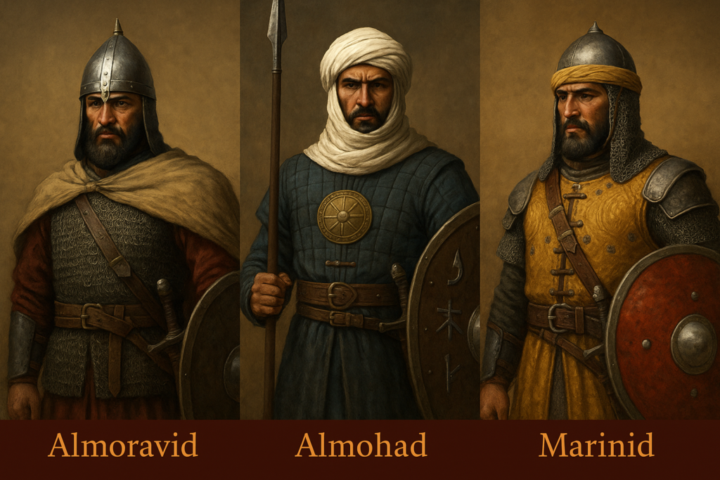 لوحة عرضية مقسومة إلى ثلاث أجزاء، تُظهر محاربًا مرابطيًا ومحاربًا موحديًا ومحاربًا مرينيًا، كل منهم بزي حربي مختلف.