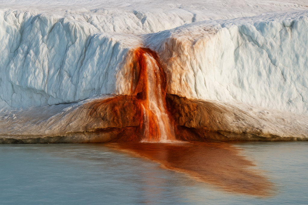 شلال طبيعي أحمر يتدفق من جرف جليدي نحو بحيرة متجمدة في مشهد طبيعي نادر وغريب.