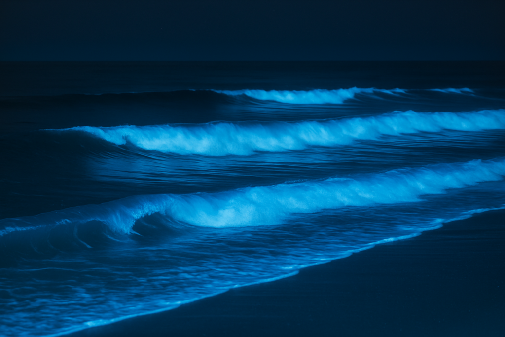 أمواج بحرية متوهجة بلون أزرق لامع في الليل نتيجة للضوء الحيوي الطبيعي في المياه.