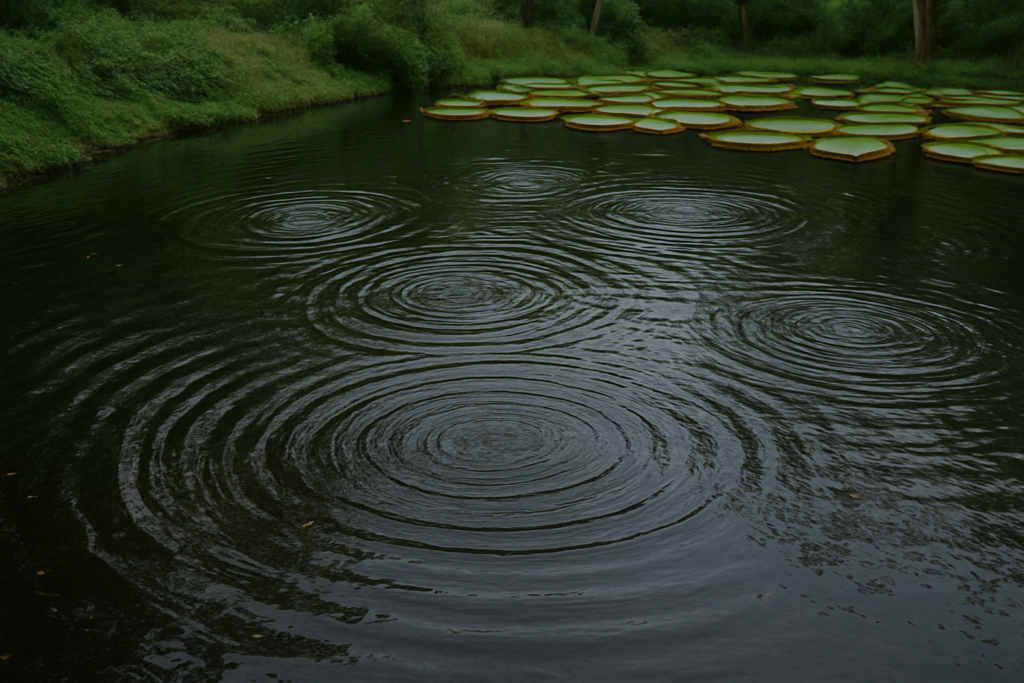 بحيرة هادئة تتشكل على سطحها دوائر مائية متكررة تبدو كأن الماء يهتز من تلقاء نفسه.