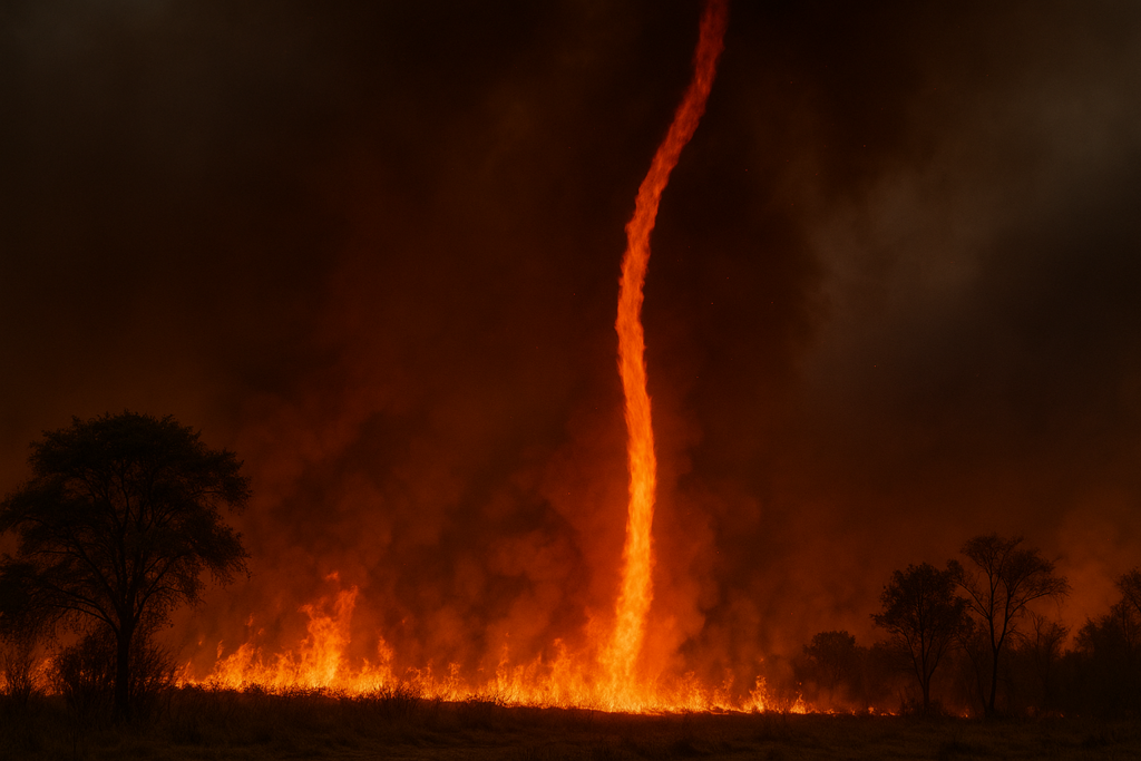 إعصار ناري ضخم يرتفع كعمود ملتهب فوق حريق غابة في مشهد طبيعي نادر.