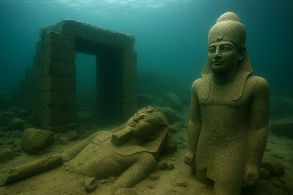 مشهد واقعي لمدينة تونّيس هيراقليون الغارقة تحت الماء يظهر تماثيل فرعونية ضخمة وبقايا بوابة حجرية وسط إضاءة خافتة تخترقها أشعة الشمس.