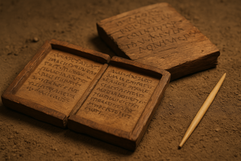 ألواح فيندولاندا الخشبية موضوعة فوق أرض ترابية، تُظهر كتابات لاتينية باهتة مع قلم كتابة قديم بجانبها.