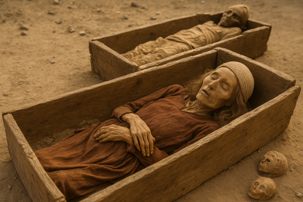 مومياوات تاريم موضوعة داخل توابيت خشبية بسيطة في صحراء جافة، تُظهر ملامح محفوظة بوضوح مع ملابس قديمة وتفاصيل دقيقة لوجوه وأيدي المومياوات.