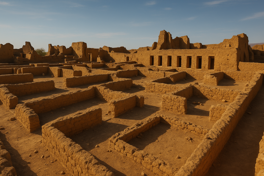 أطلال مدينة الذهب المفقودة تظهر بوضوح في ضوء الشمس، مع جدران طينية متداعية وممرات واسعة تعكس بقايا حضارة اندثرت في صحراء مفتوحة.